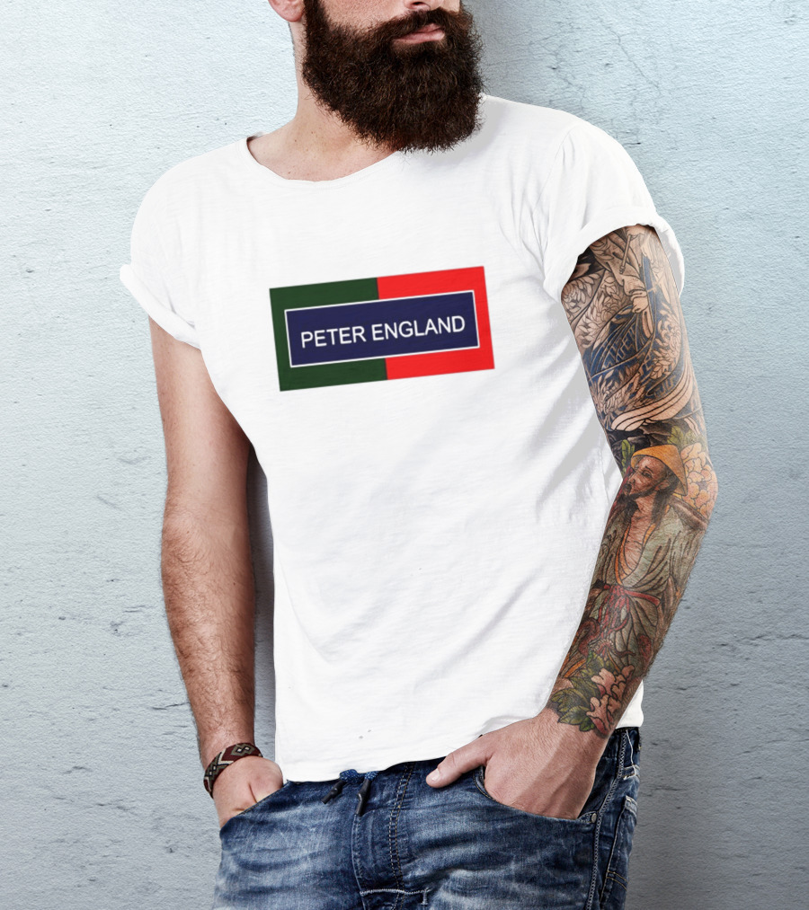 PETER ENGLAND Black Background Rectangular Logo With Green And Red Blocks T-Shirt