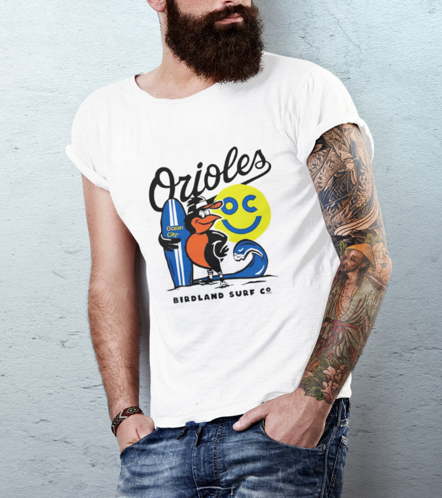 Orioles Ocean City Birdland Surf Co Smiley Surfboard Wave T-Shirt