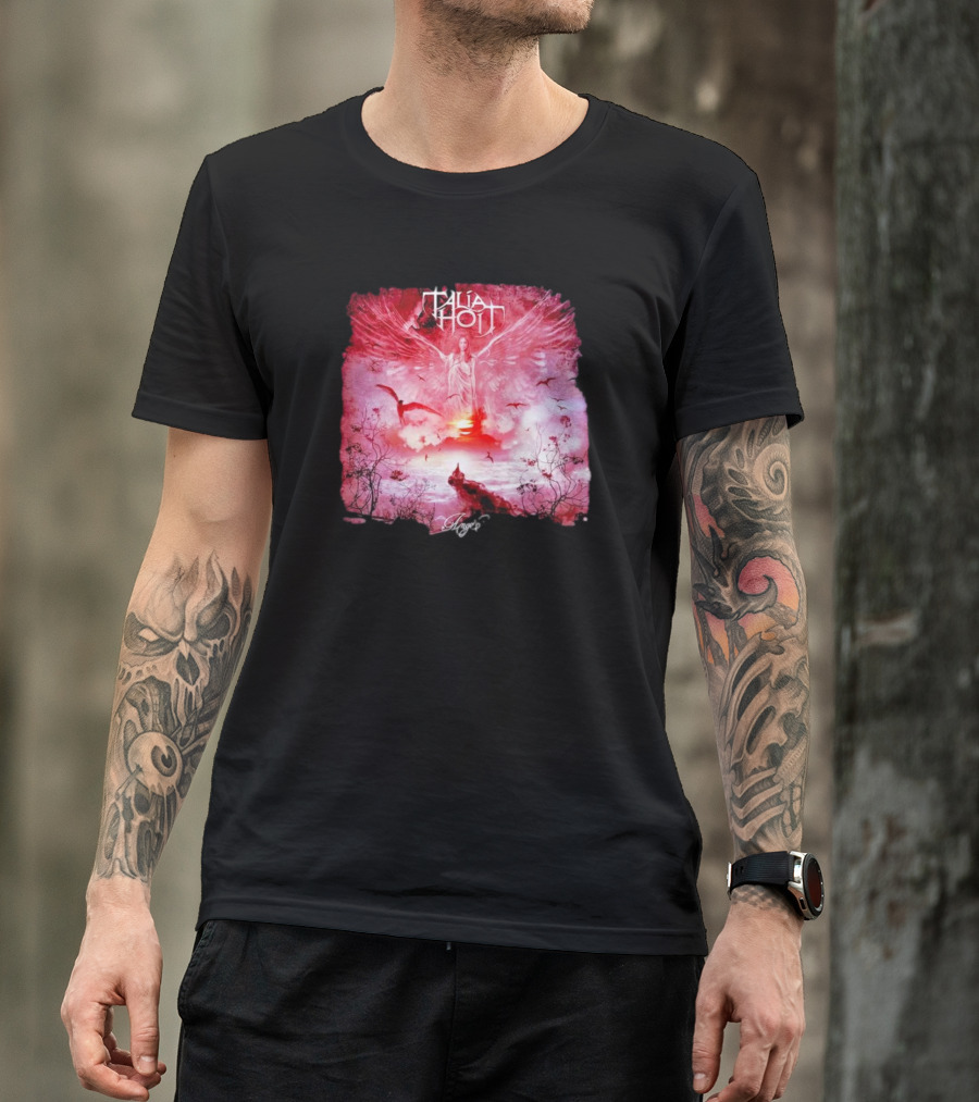 Talia Hoit Angel Red Winged Figure With Birds And Sunset T-Shirt