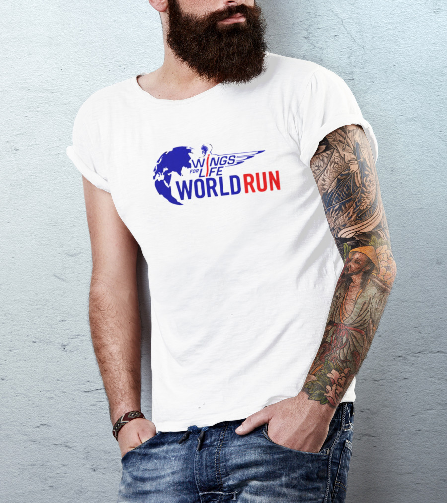 Wings For Life World Run Blue And Red Globe And Wings T-Shirt