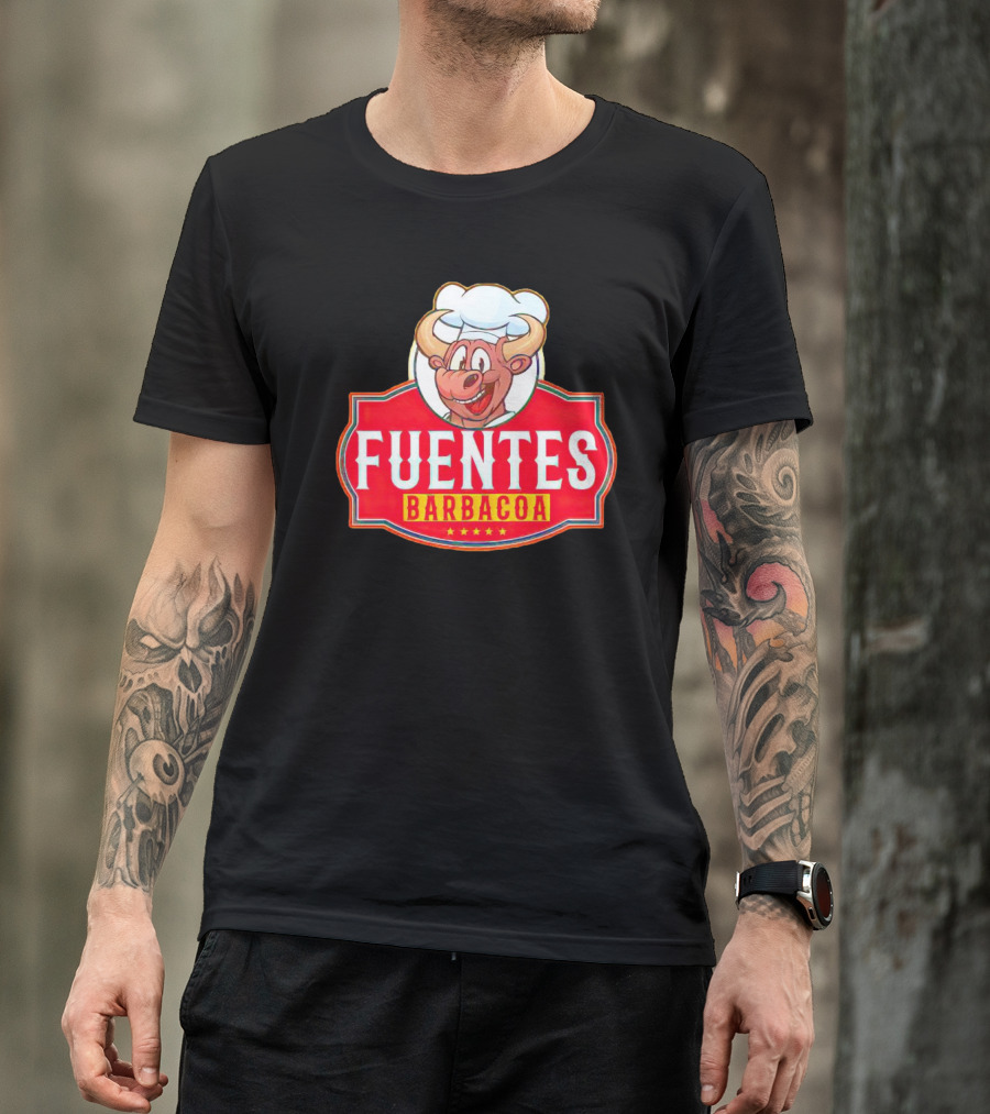 Fuentes Barbacoa Chef Cow Logo On Red Badge T-Shirt