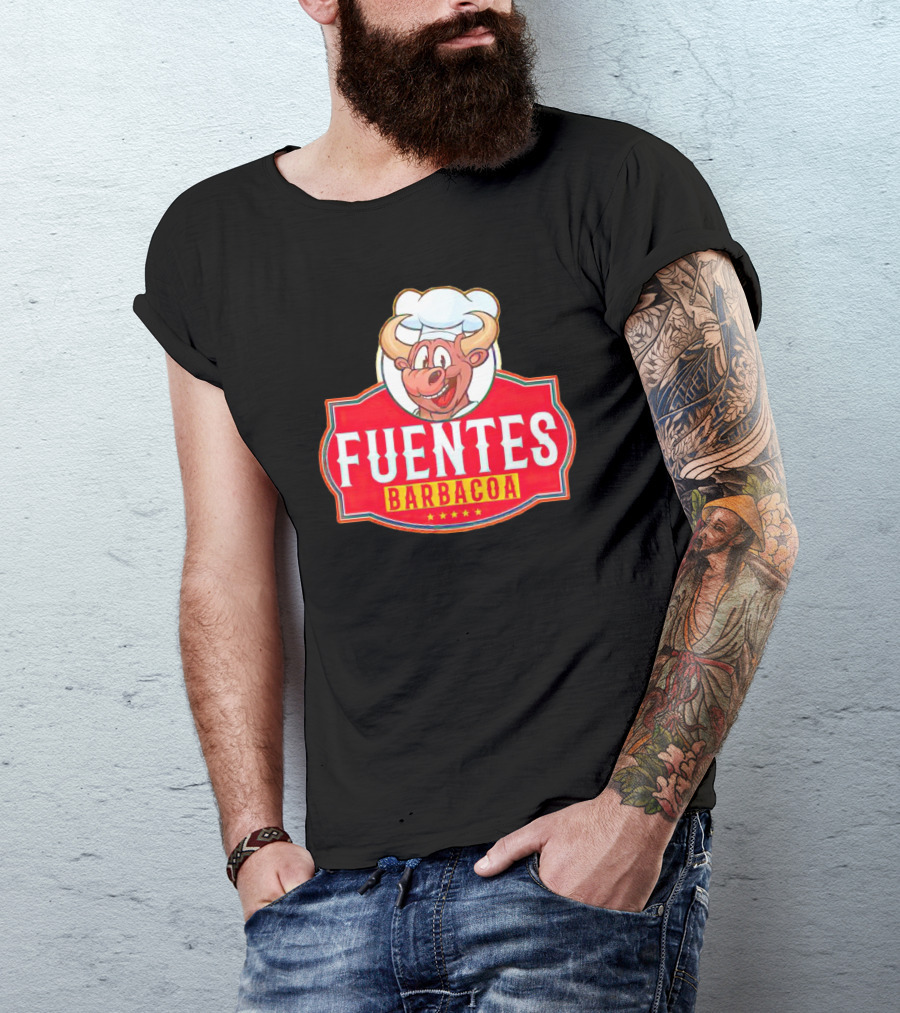 Fuentes Barbacoa Chef Cow Logo On Red Badge T-Shirt