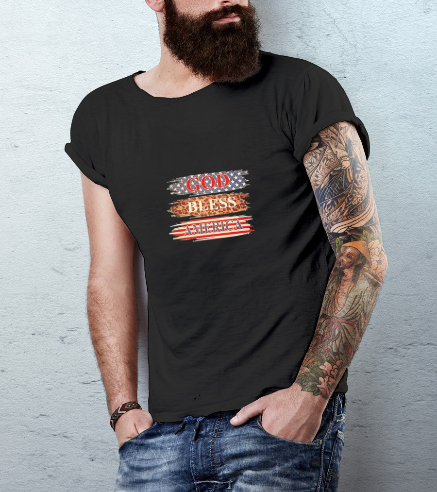 God Bless America Stars Stripes Leopard Print T-Shirt