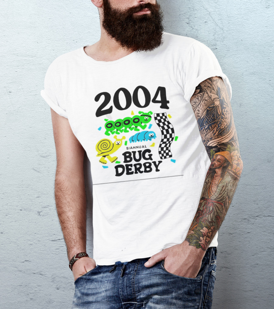 2004 Biannual Bug Derby Colorful Cartoon Caterpillars With Checkered Flag T-Shirt