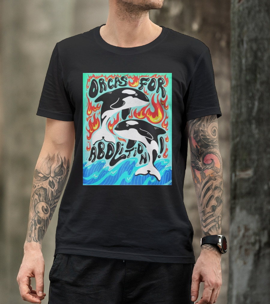 Orcas For Abolition Ocean Waves And Flames T-Shirt
