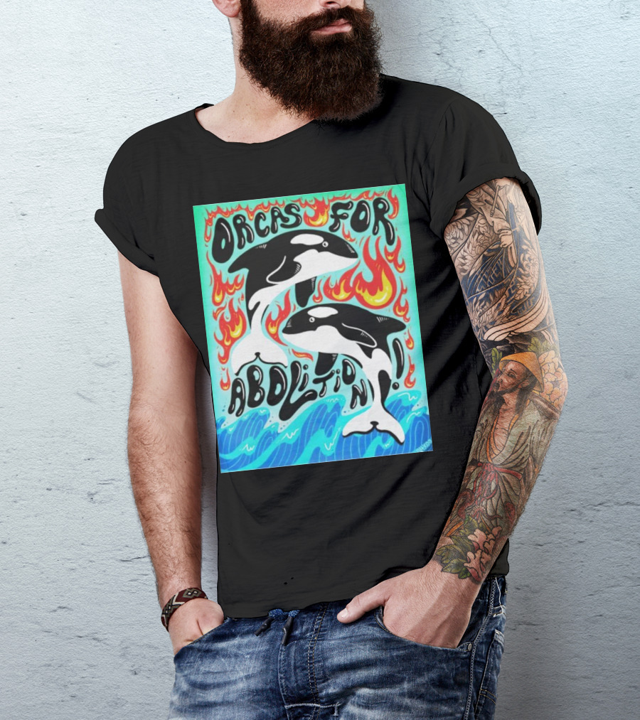 Orcas For Abolition Ocean Waves And Flames T-Shirt
