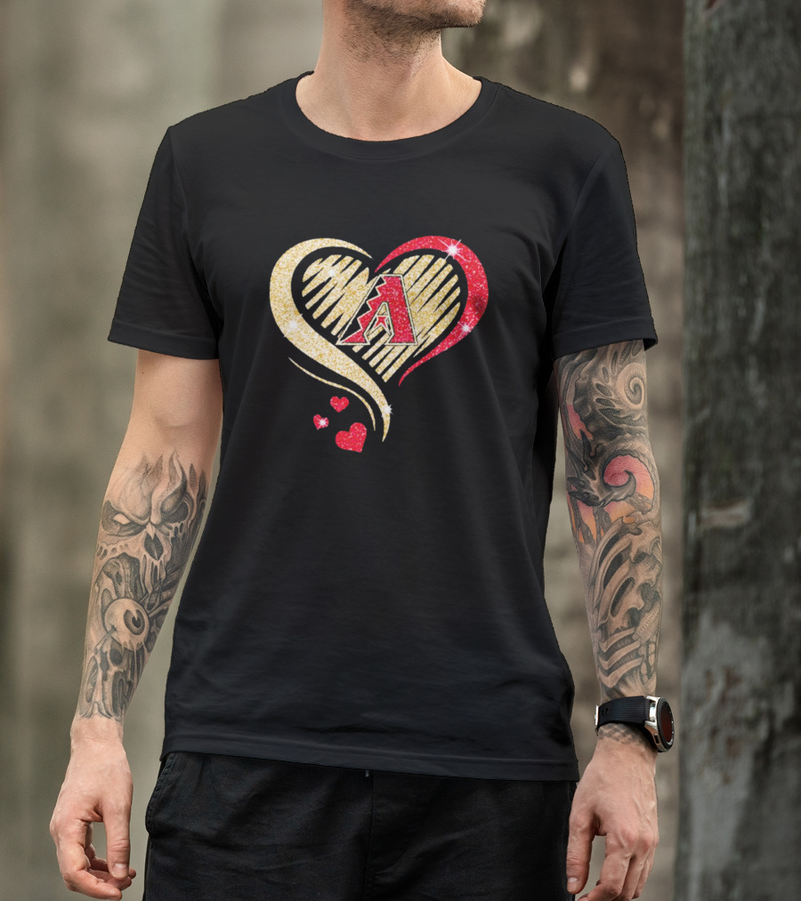 Arizona Diamondbacks Glitter Heart Design With Team Logo In Gold And Red T-Shirt