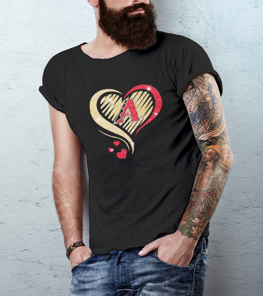 Arizona Diamondbacks Glitter Heart Design With Team Logo In Gold And Red T-Shirt