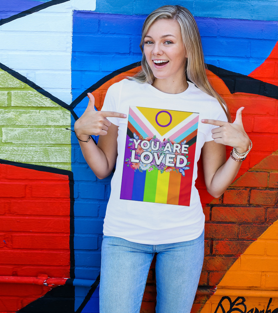 You Are Loved Pride Flag Intersex Inclusion Rainbow Floral Butterflies T-Shirt