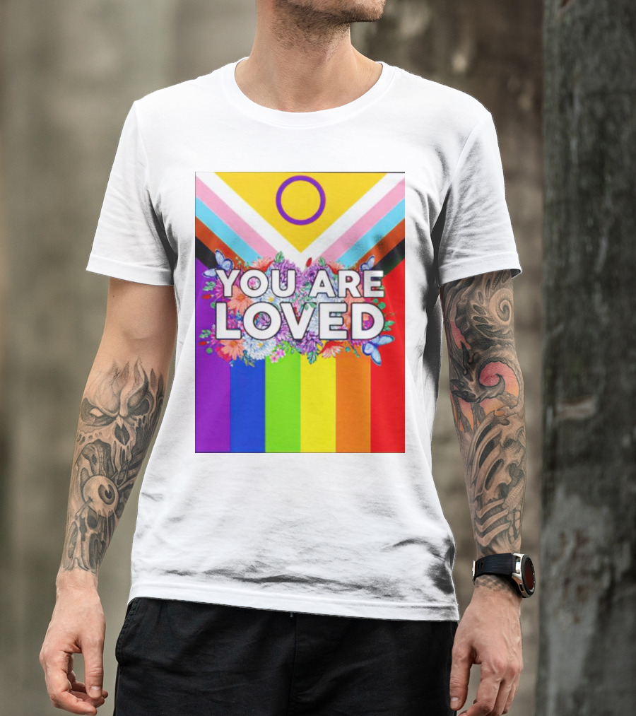 You Are Loved Pride Flag Intersex Inclusion Rainbow Floral Butterflies T-Shirt