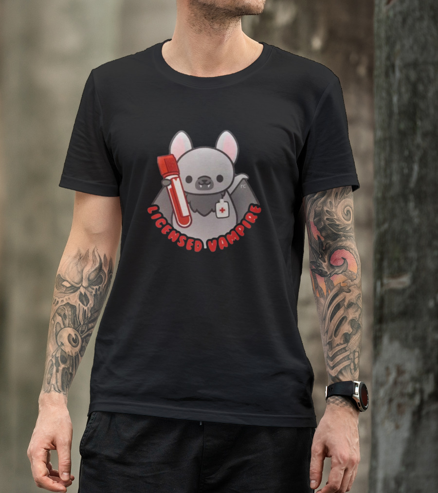 Licensed Vampire Bat Holding Blood Sample Tube T-Shirt