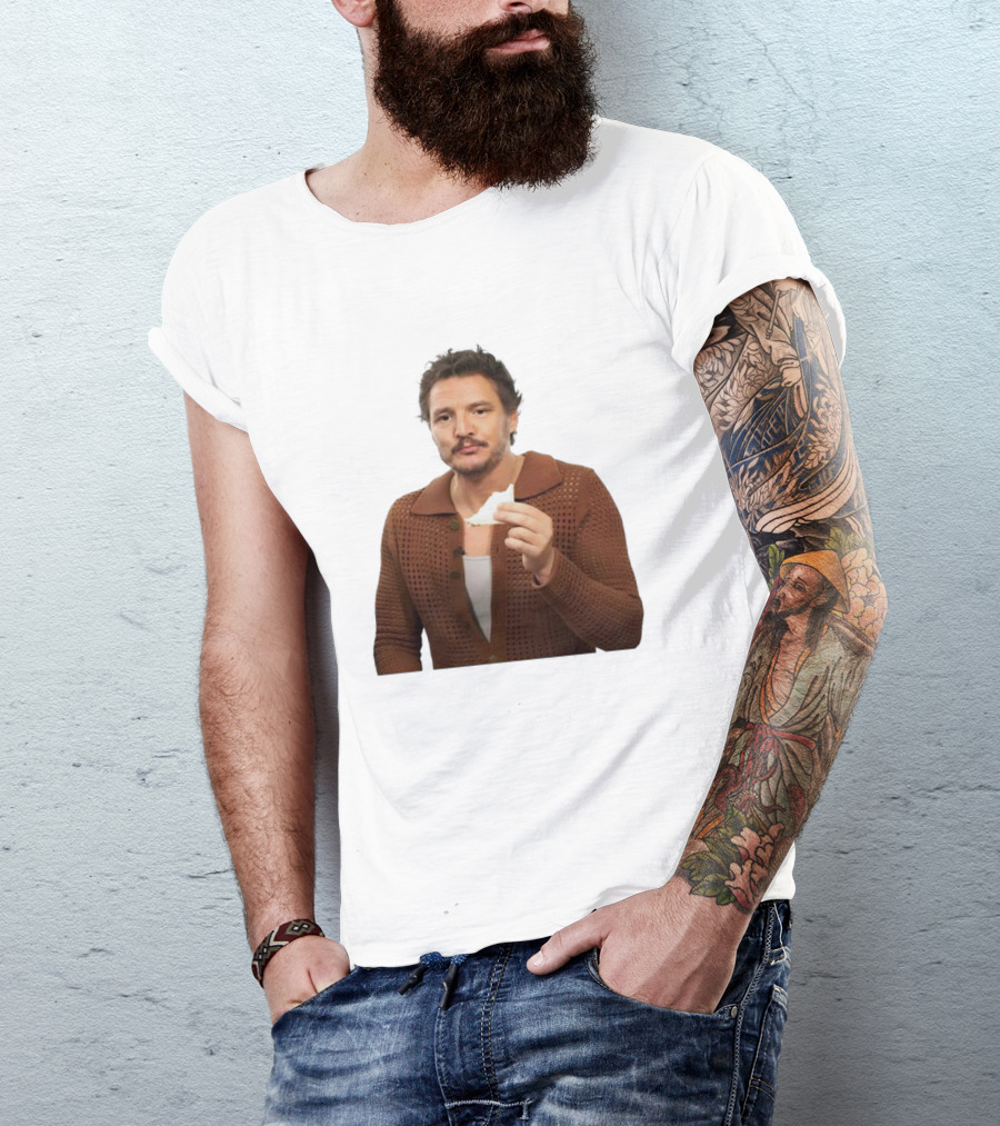 Pedro Pascal Holding Sandwich In Brown T-Shirt