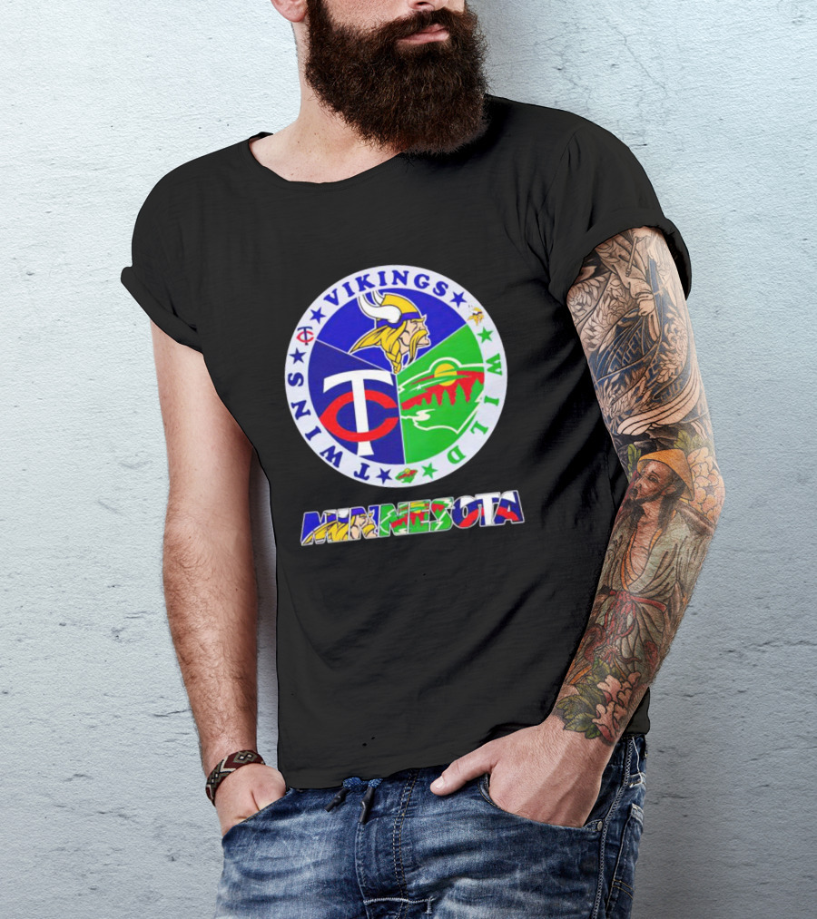 Minnesota Vikings Twins Wild Logos Circle And Colorful Minnesota Text T-Shirt