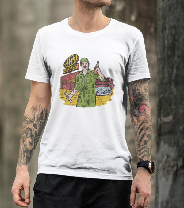 Rusty’s Garage It’ll Get You Where You’re Gonna Go Retro Mechanic Holding Wrench And Drink With Vintage Car And Workshop Scene T-Shirt
