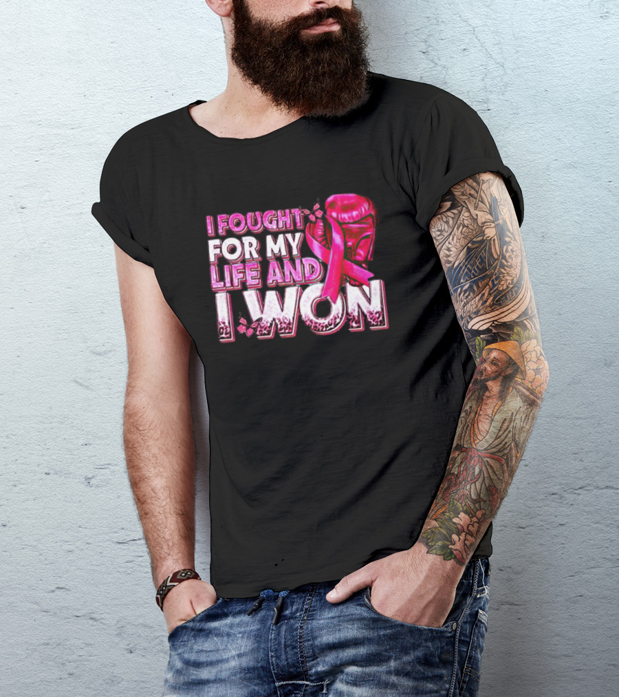 I Fought For My Life And I Won Pink Ribbon Boxing Glove Butterfly T-Shirt