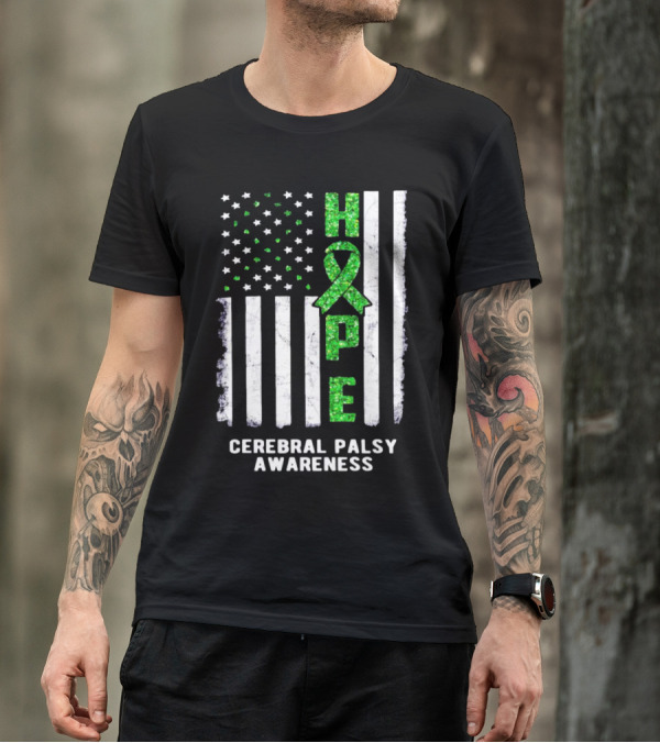 Hope American Flag Green Ribbon Cerebral Palsy Awareness T-Shirt