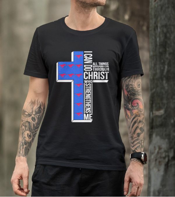 SMU Mustangs I Can Do All Things Through Christ Who Strengthens Me Cross T-Shirt
