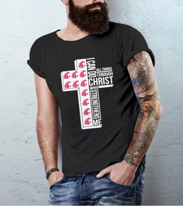 Washington State Cougars Logo I Can Do All Things Through Christ Cross T-Shirt