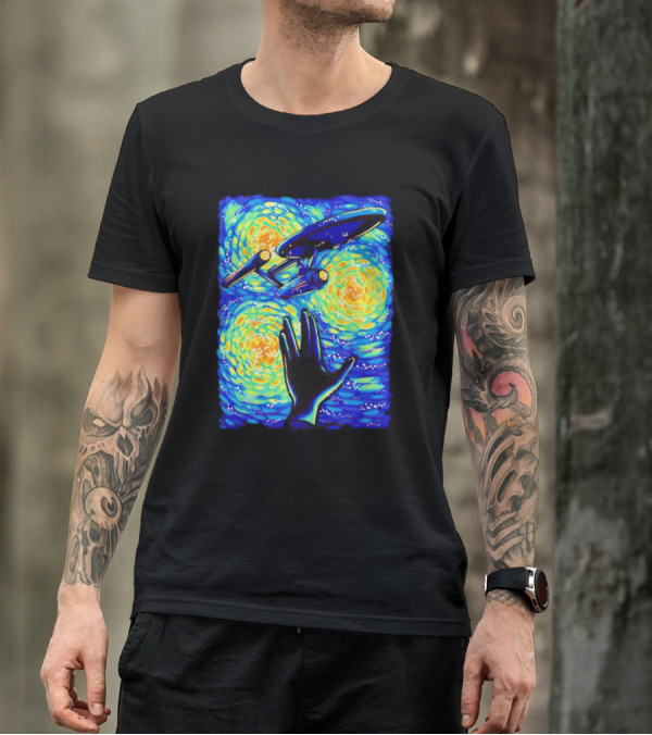 Star Trek Enterprise In Starry Night With Vulcan Salute Starry Trek T-Shirt