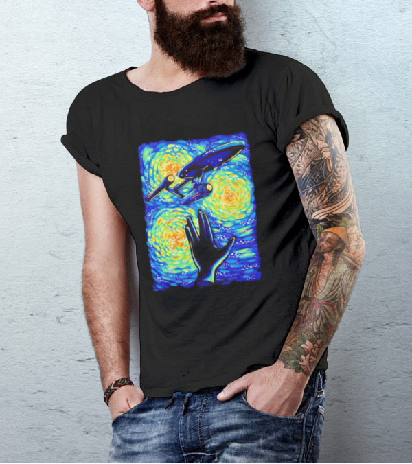 Star Trek Enterprise In Starry Night With Vulcan Salute Starry Trek T-Shirt