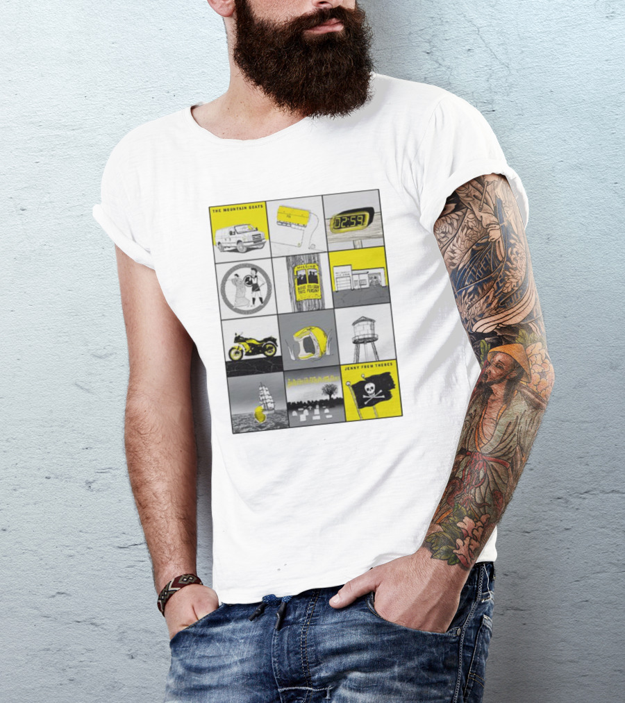 The Mountain Goats Jenny From Thebes Album Art Collage With Van Cassette Clock Sports Motorcycle Tree Water Tower Pirate Ship T-Shirt