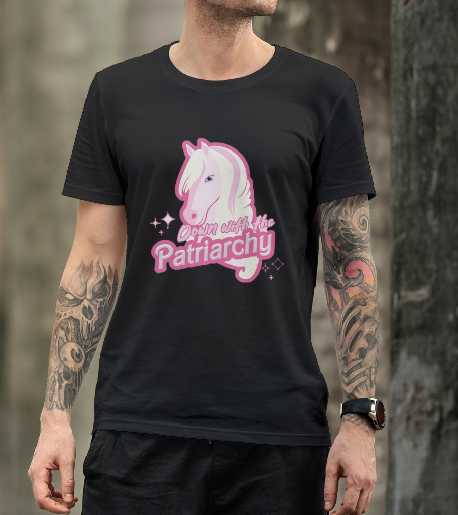 Down With The Patriarchy Pink Horse Illustration With Sparkles T-Shirt