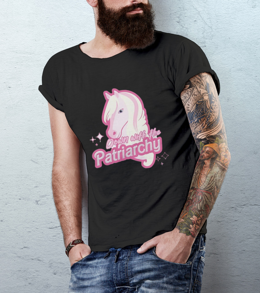 Down With The Patriarchy Pink Horse Illustration With Sparkles T-Shirt