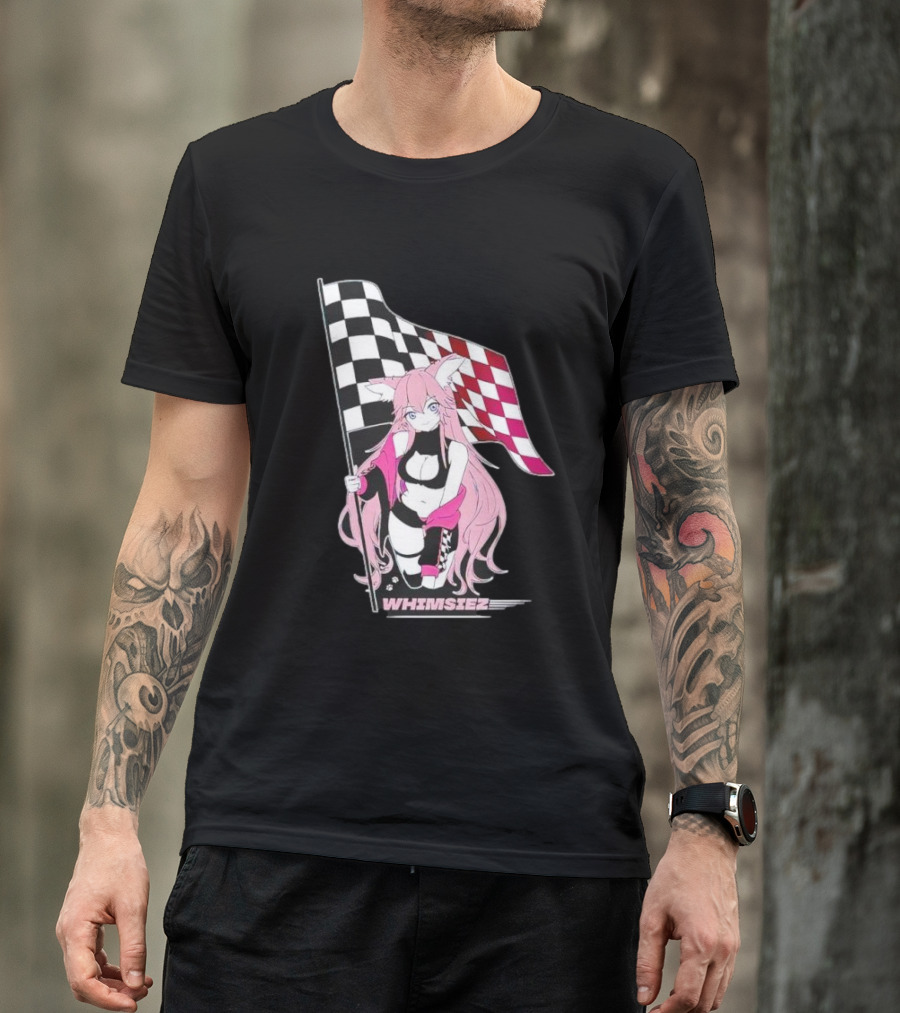 Whimsiez Checkered Flag Pink-Haired Girl Racing T-Shirt