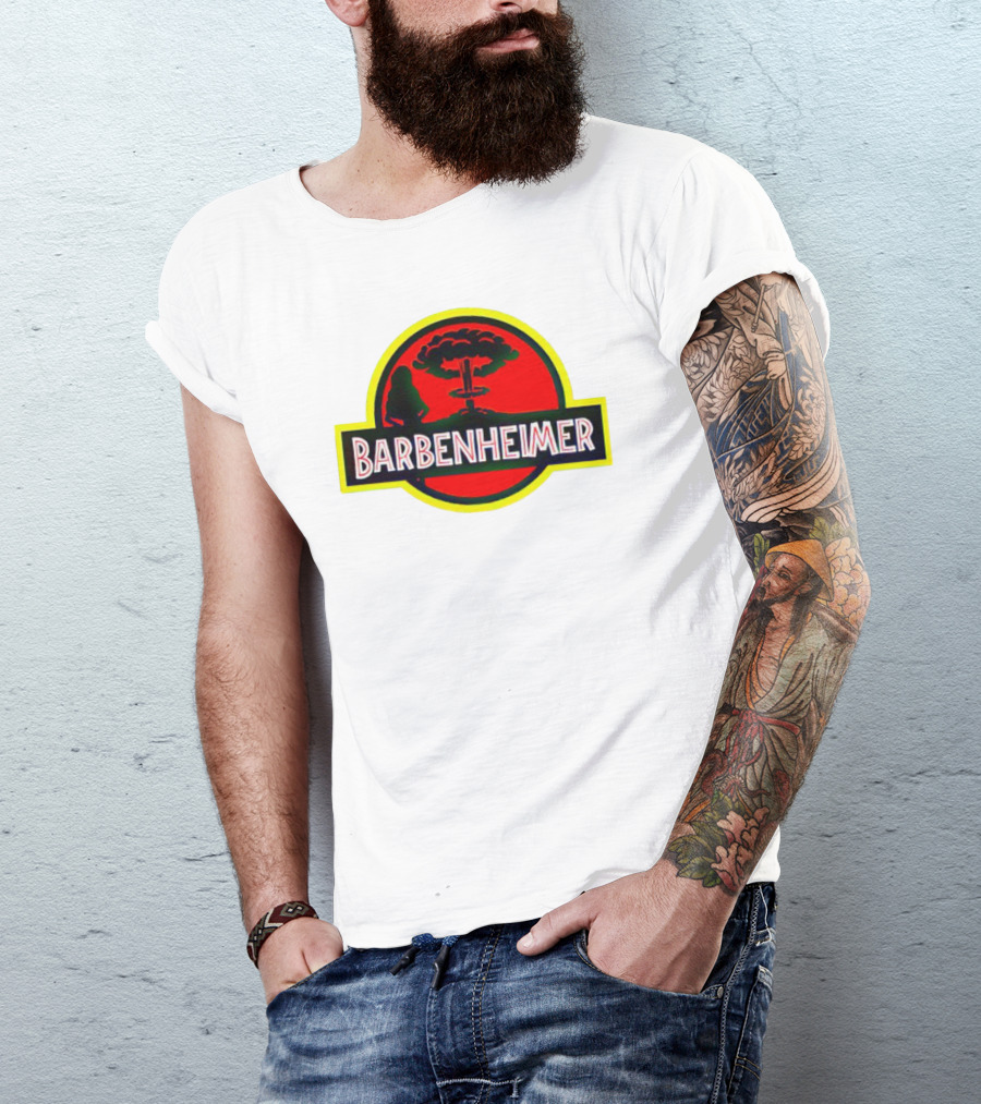 Barbenheimer Jurassic Park Logo With Explosion T-Shirt