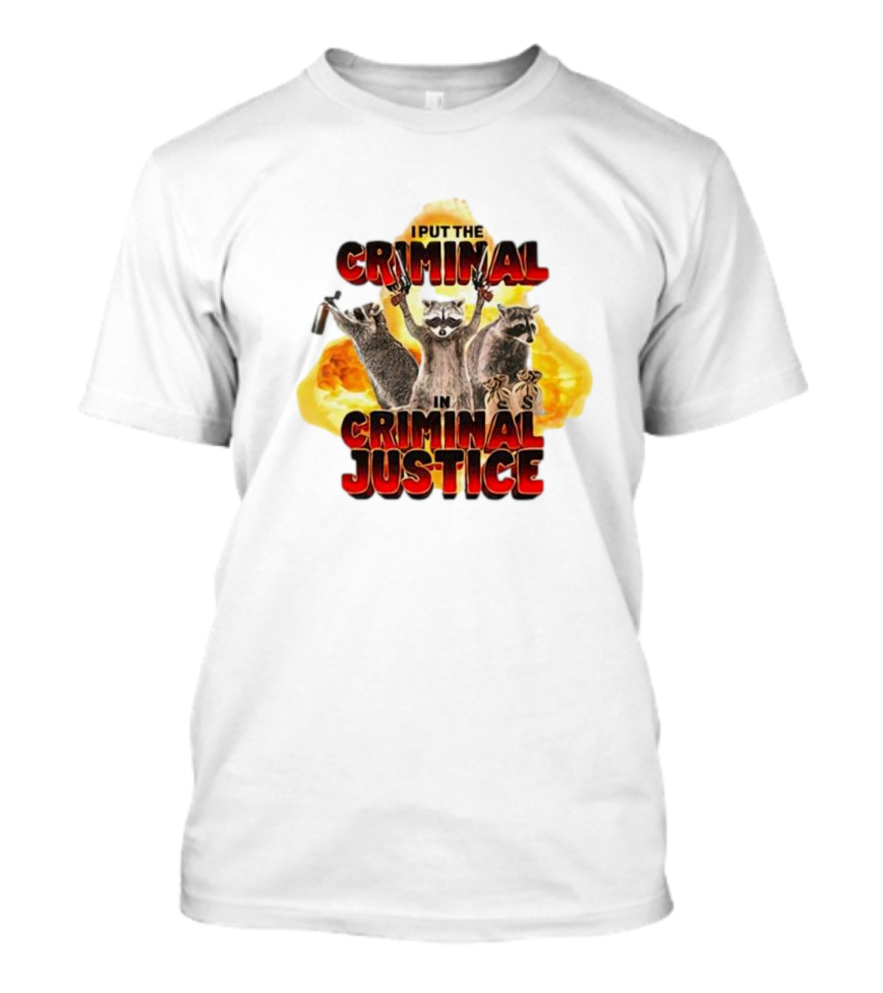 Raccoon I Put The Criminal In Criminal Justice Explosive Background T-Shirt