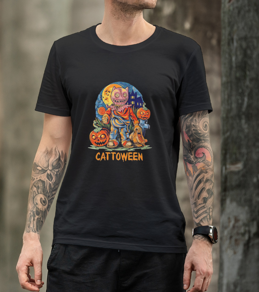 Cattoween Pumpkin Cat Monster Halloween Moon T-Shirt