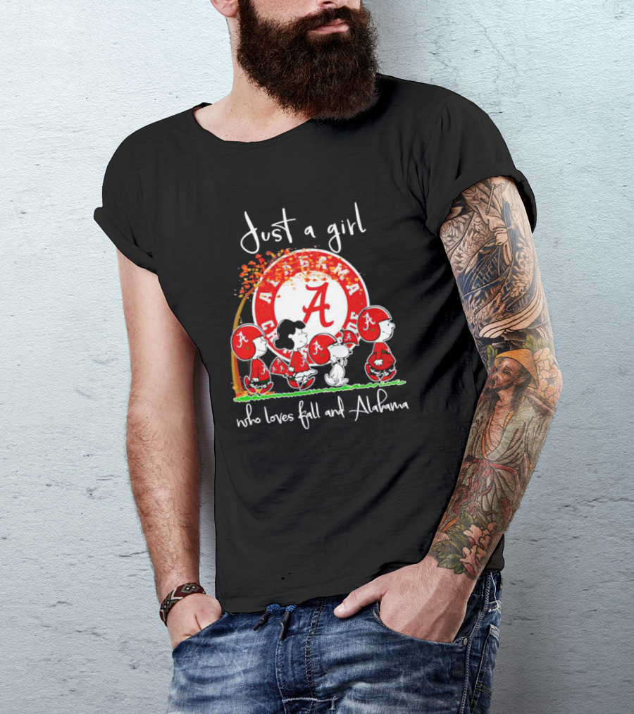 Peanuts Characters Just A Girl Who Loves Fall And Alabama Crimson Tide T-Shirt
