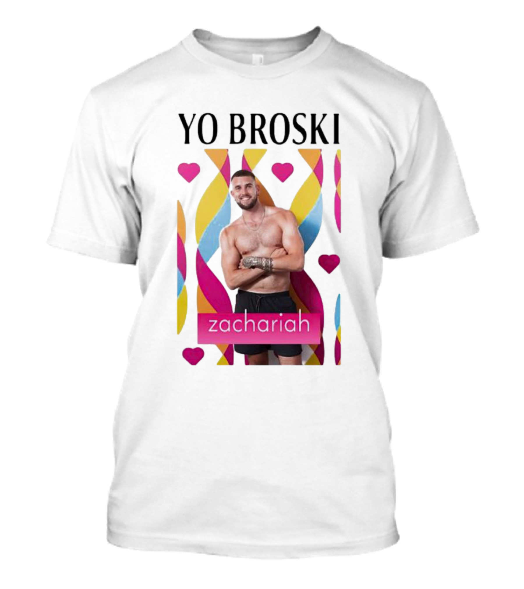 Yo Broski Zachariah Colorful Hearts Backdrop T-Shirt