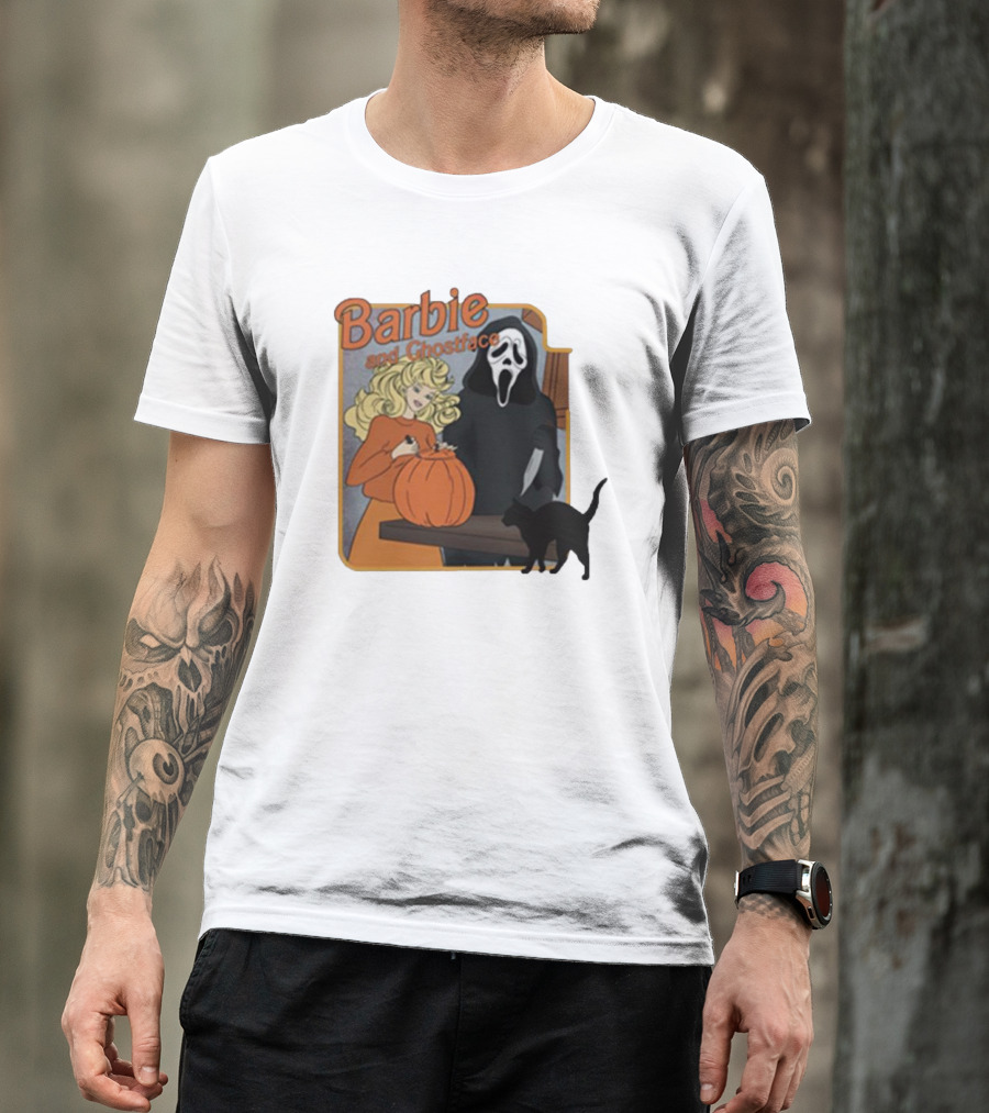 Barbie And Ghostface Halloween Pumpkin Carving Scene With Black Cat T-Shirt