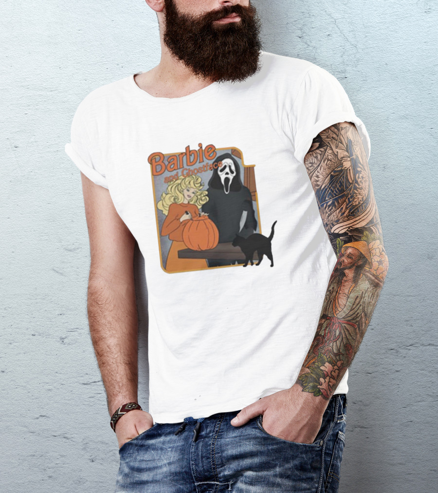 Barbie And Ghostface Halloween Pumpkin Carving Scene With Black Cat T-Shirt