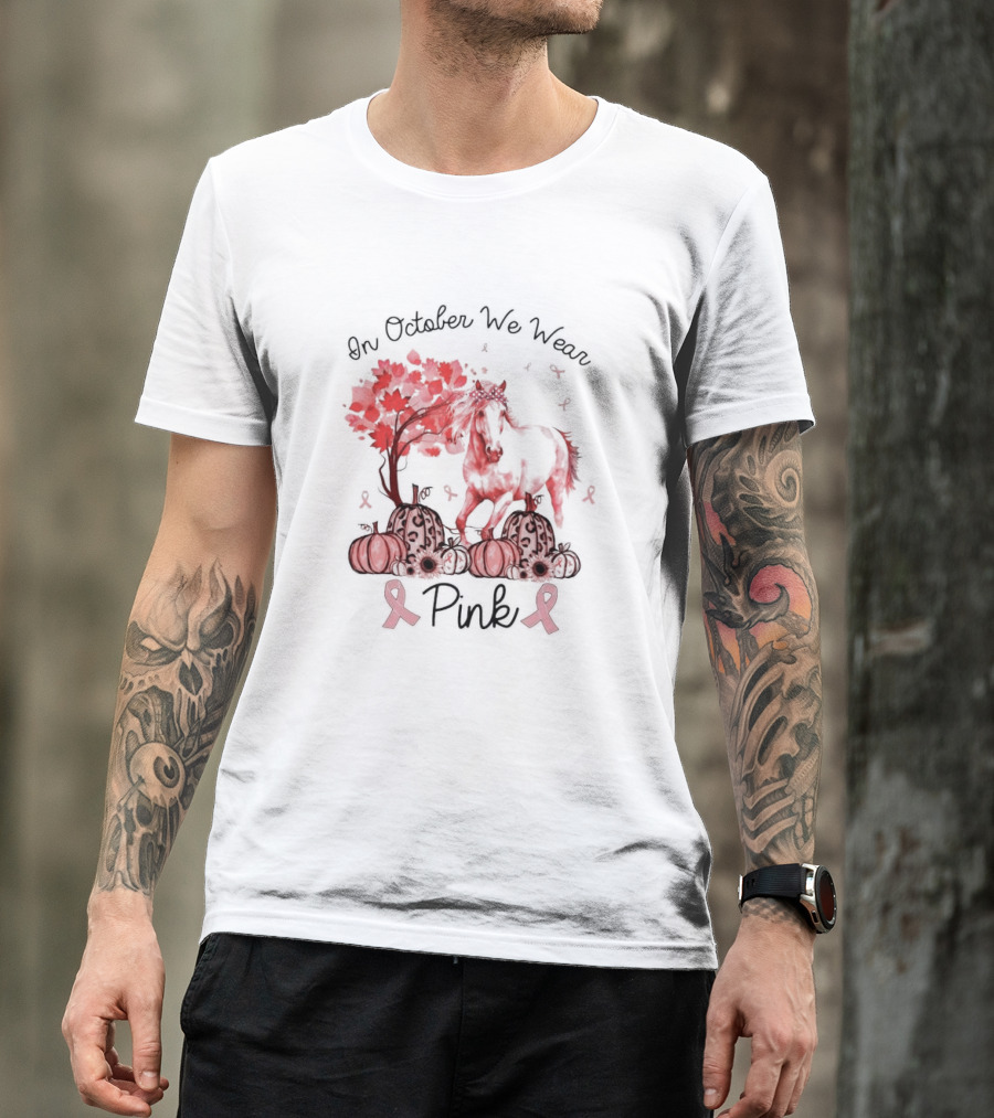 In October We Wear Pink Horse Ribbon Pumpkins Halloween T-Shirt