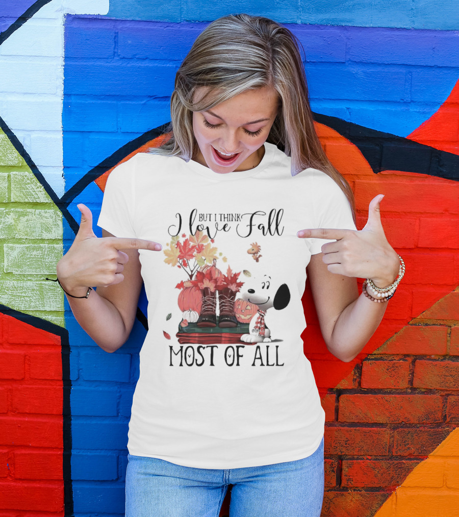 I Love Fall Most Of All Snoopy Dog With Boots Pumpkins And Leaves T-Shirt