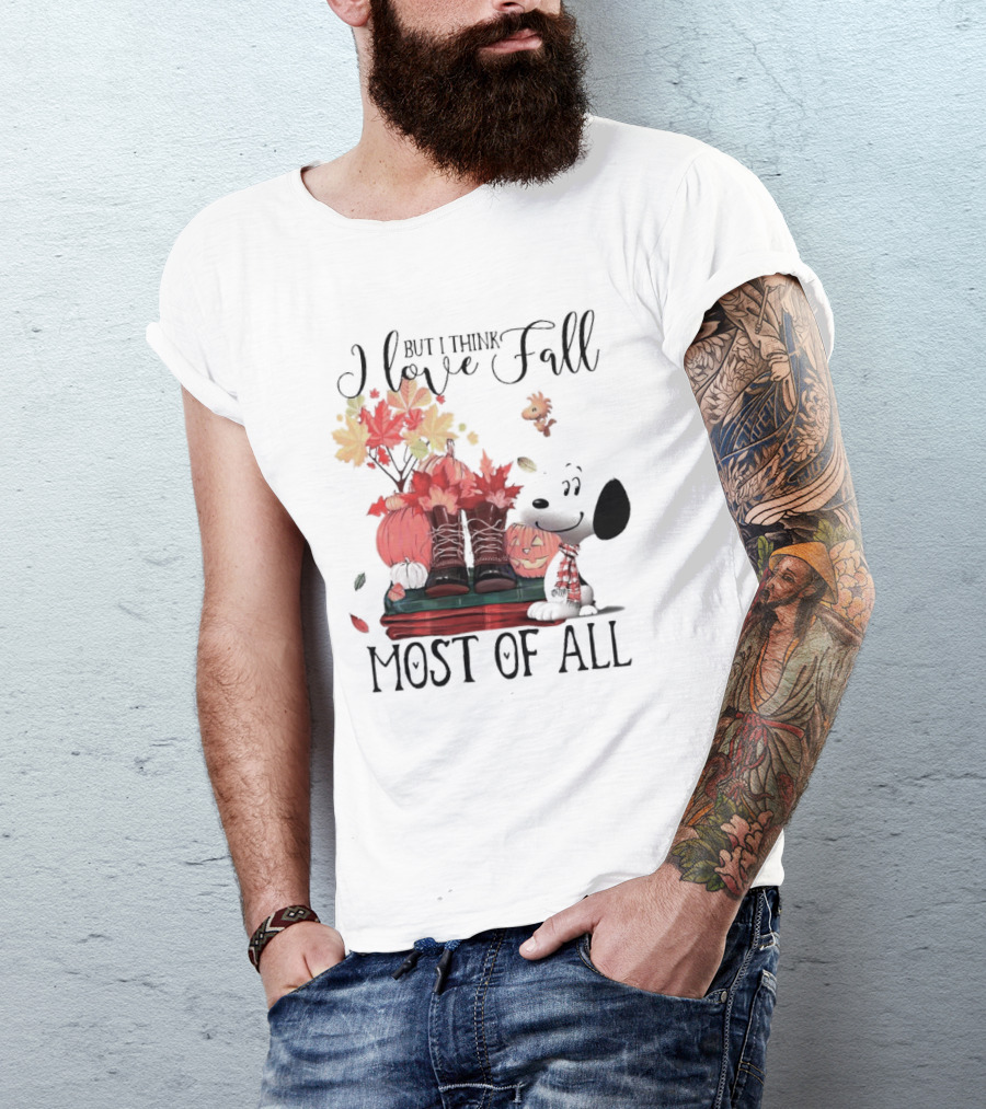 I Love Fall Most Of All Snoopy Dog With Boots Pumpkins And Leaves T-Shirt