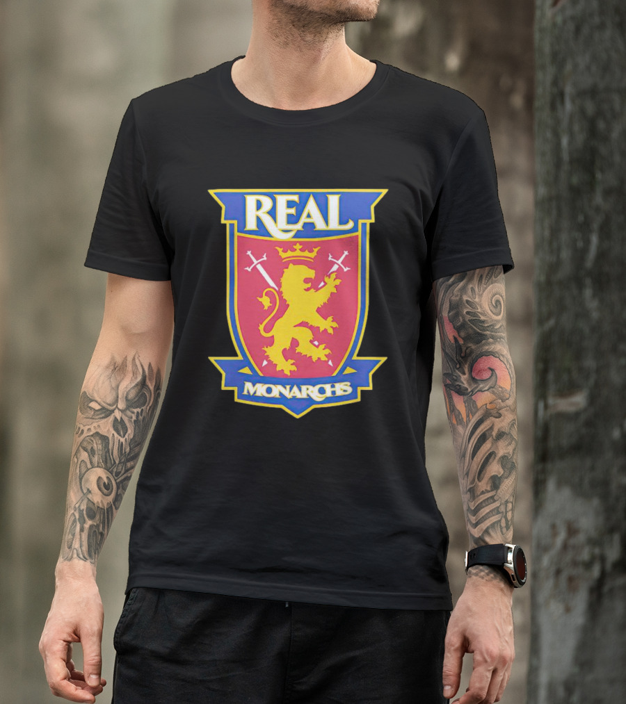 Real Salt Lake Real Monarchs Bold Emblem Crest With Lion And Crossed Swords T-Shirt