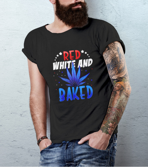 Red White And Baked Weed Leaf With Stars And Dots T-Shirt