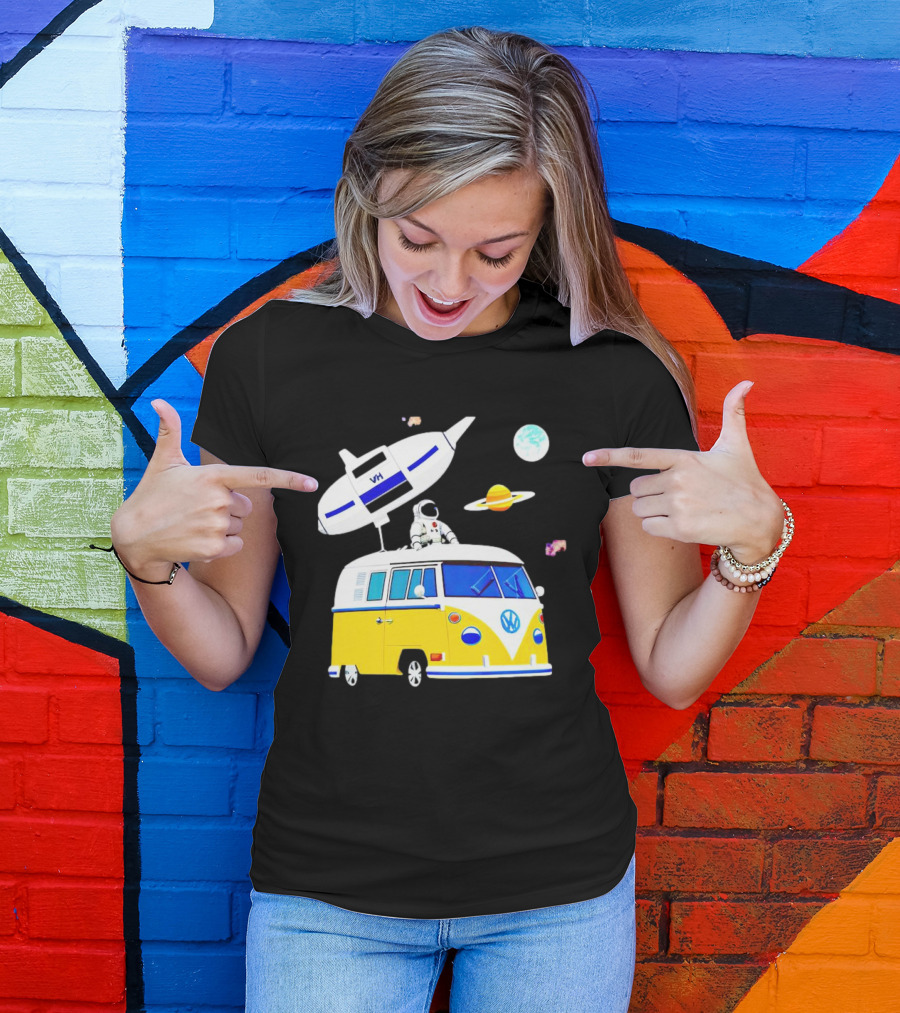 Astronaut Riding Yellow Volkswagen Bus With Rocket And Saturn Planet Background T-Shirt
