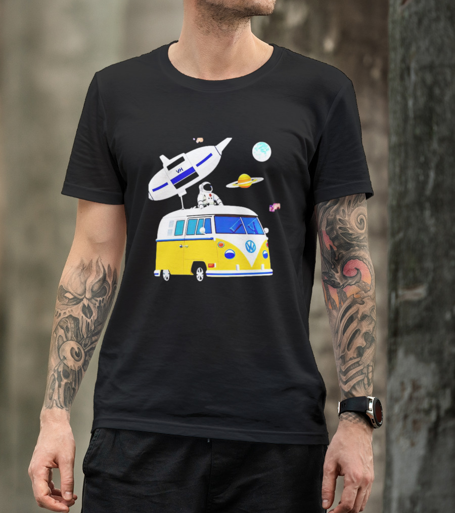 Astronaut Riding Yellow Volkswagen Bus With Rocket And Saturn Planet Background T-Shirt
