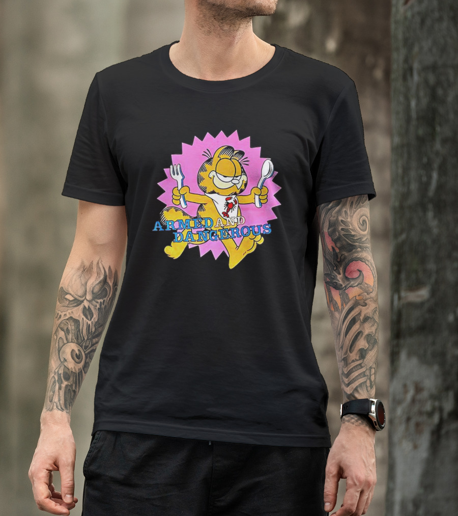 Armed And Dangerous Garfield With Fork And Spoon On Pink Starbursts T-Shirt