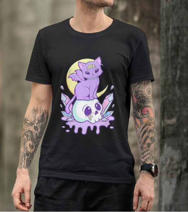 Witchy Cat With Moon And Skull Crystals T-Shirt