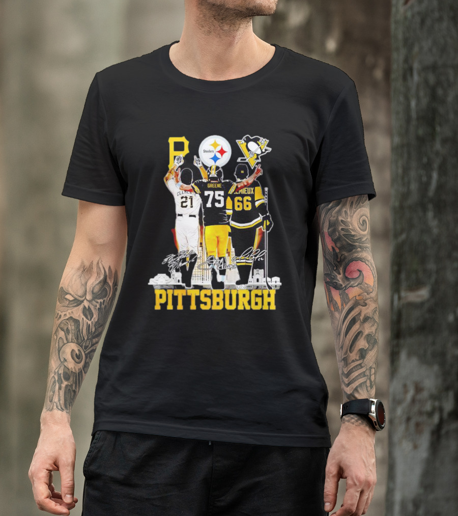 Pittsburgh Steelers Penguins Pirates Clemente Greene Lemieux Signatures T-Shirt
