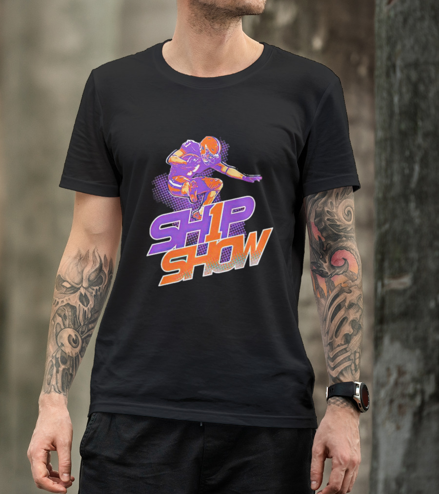 Clemson Tigers Ship Show Football Player In Orange And Purple T-Shirt