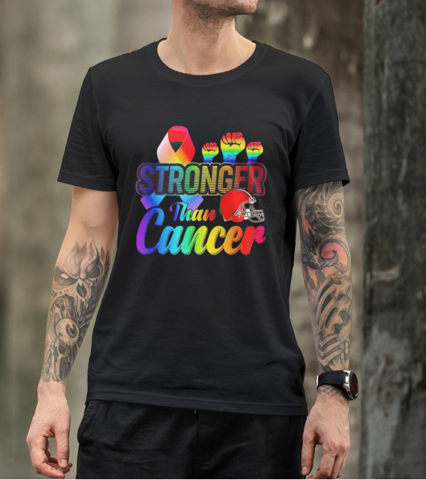 Cleveland Browns Stronger Than Cancer Rainbow Ribbon And Helmet T-Shirt