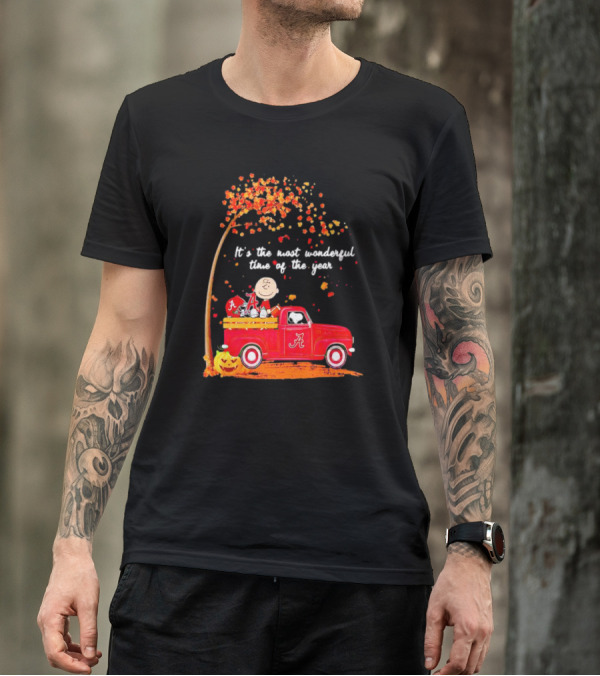 Peanuts Characters Alabama Crimson Tide Fall It's The Most Wonderful Time Of The Year Truck Football Pumpkins Leaves T-Shirt