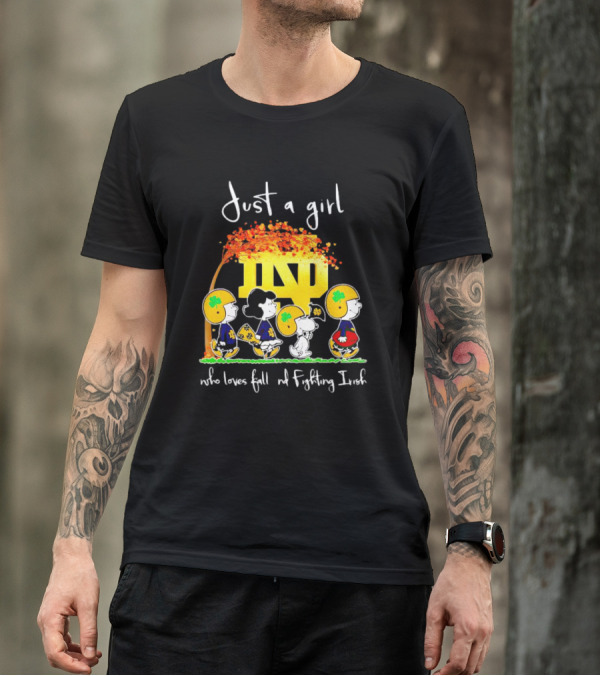 Just A Girl Who Loves Fall ND Fighting Irish Peanuts Characters T-Shirt