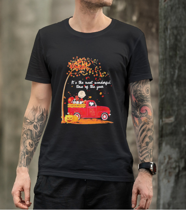 Peanuts Characters USC Trojans Fall It's The Most Wonderful Time Of The Year Football Truck Pumpkin Charlie Brown T-Shirt